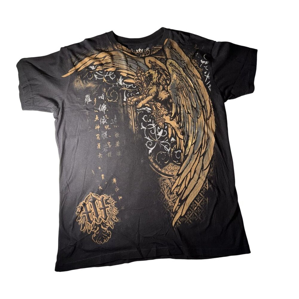 Angel Wing Cross all over Graphic Tee Black & Gold wings - Picture 2 of 7